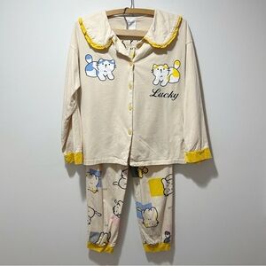 Gelato Pique Lucky Cat Ruffled Pajama Set Size XS Small Shirt and Pants Rare